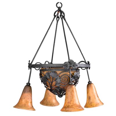 Lot 450 - Art Deco Style Glass and Iron Five-Light...