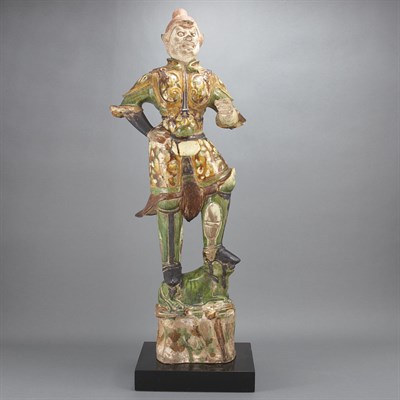 Lot 59 - Sancai Glazed Pottery Guardian Probably Tang...