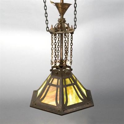 Lot 349 - Arts and Crafts Hammered Copper and Slag Glass...