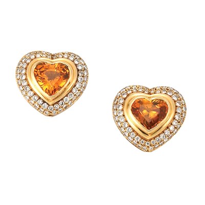 Lot 594 - Pair of Gold, Citrine and Diamond Heart Earclips