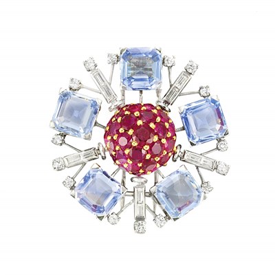 Lot 617 - White Gold, Sapphire, Ruby and Diamond Clip