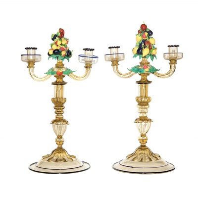 Lot 601 - Pair of Italian Glass Two-Light Candelabra...