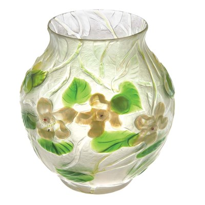 Lot 378 - Tiffany Favrile Wheel Carved Cameo Glass Vase...