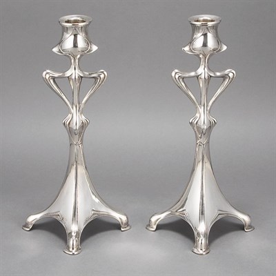 Lot 301 - Pair of WMF Style Silvered Metal Candlesticks...