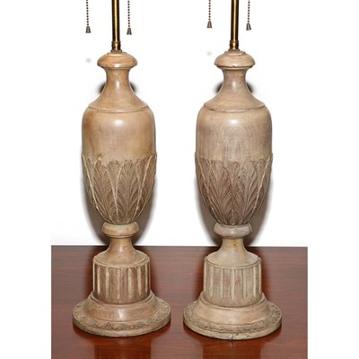 Lot 431 - Pair of Neoclassical Style Carved Wood Lamps...
