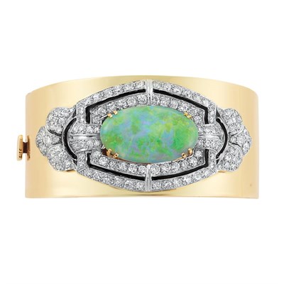 Lot 236 - Gold, Platinum, Opal, Diamond and Black Enamel Cuff Bangle Bracelet