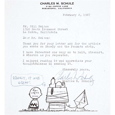 Lot 140 - SCHULZ, CHARLES Typed letter signed....