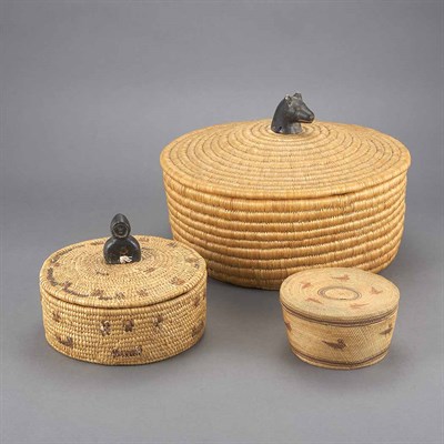 Lot 287 - Two Inuit Woven Grass Covered Baskets Possibly...