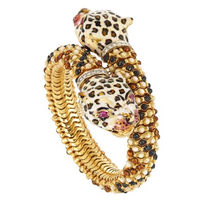 Lot 436 - Gold, Enamel and Diamond Leopard Head Crossover Bangle Bracelet