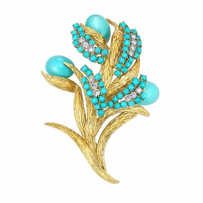 Lot 344 - Gold, Turquoise and Diamond Brooch