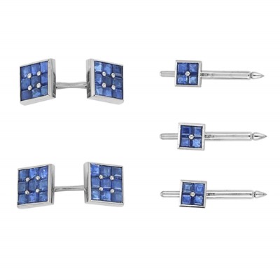 Lot 211 - Platinum and Invisibly-Set Sapphire Dress Set, F. Staal & Co.