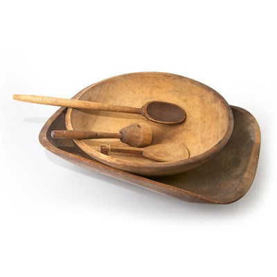 Lot 141 - Two Provincial Carved Wood Bowls and Three Spoons