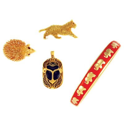 Lot 596 - Gold and Enamel Elephant Bangle, Two Animal Pins and Pendant