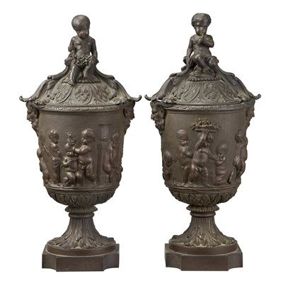 Lot 507 - Pair of Louis XVI Style Patinated-Bronze Urns...