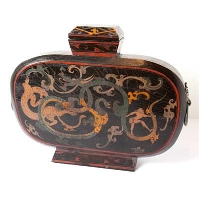 Lot 595 - Chinese Painted Wood Flat Covered Jar Height...