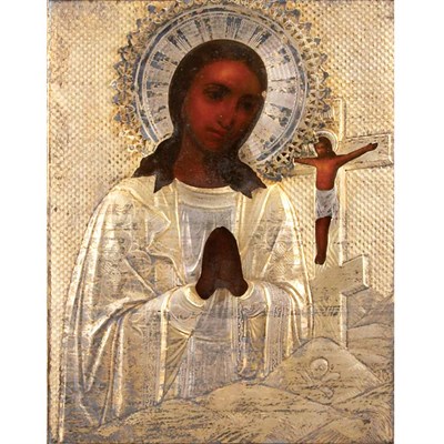 Lot 306 - Russian Painted Wood Icon with a Silver Gilt...