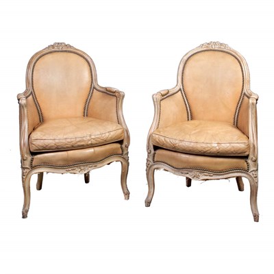 Lot 590 - Pair of Louis XV Style Painted Wood Bergeres...