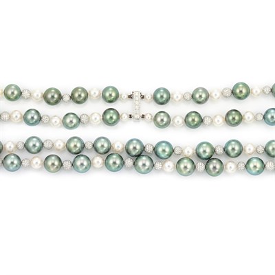 Lot 642 - Double Strand White and Black Cultured Pearl and Diamond Necklace