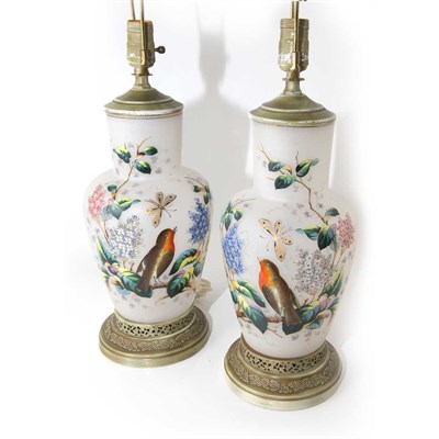 Lot 410 - Pair of Painted Milk Glass Lamps Height 14...
