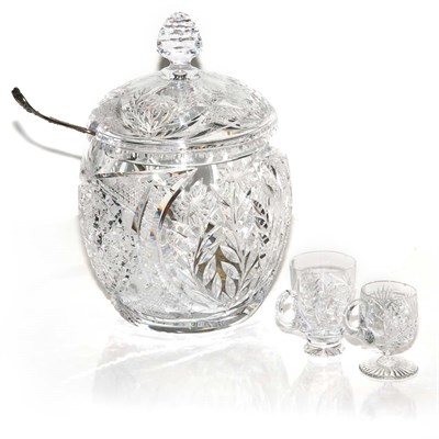 Lot 425 - Cut Glass Covered Punch Bowl and Eleven...