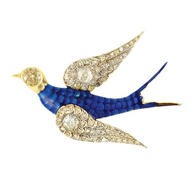 Lot 608 - Two-Color Gold, Diamond and Enamel Swallow Brooch