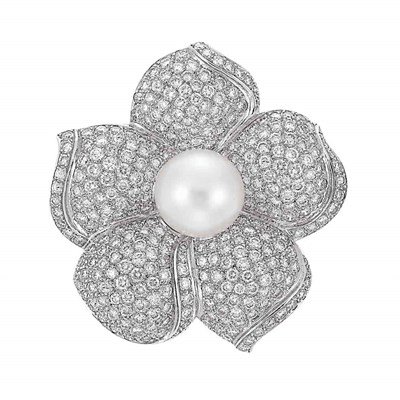 Lot 405 - White Gold, Cultured Pearl and Diamond Flower Clip-Brooch