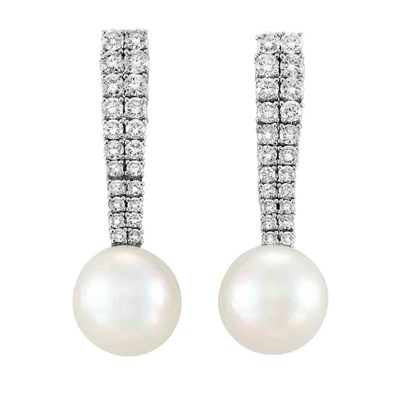 Lot 402 - Pair of Platinum, Diamond and Cultured Pearl Pendant-Earrings