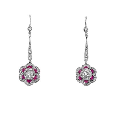 Lot 115 - Pair of White Gold, Diamond and Cabochon Ruby Pendant-Earrings
