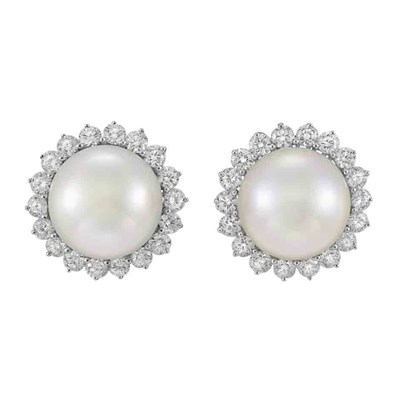 Lot 482 - Pair of White Gold, Cultured Pearl and Diamond Earrings