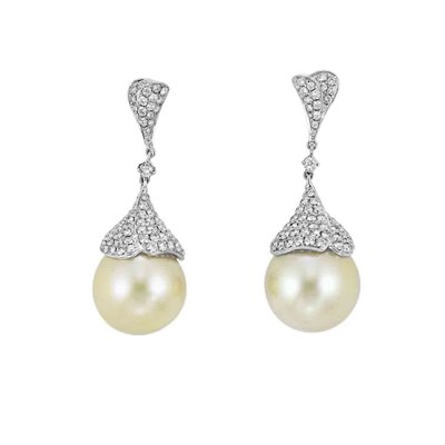 Lot 123 - Pair of White Gold, Diamond and Golden Cultured Pearl Pendant-Earrings