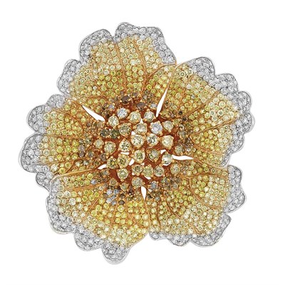 Lot 469 - Two-Color Gold, Yellow Diamond and Diamond Flower Clip-Brooch