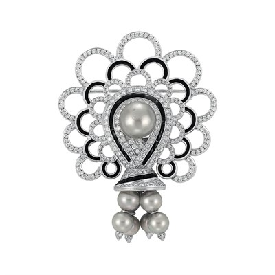 Lot 49 - Platinum, Diamond, Gray Cultured Pearl, Black Onyx and Black Enamel Brooch