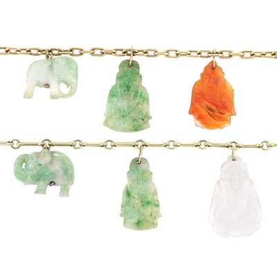 Lot 211 - Pair of Carved Hardstone Charm Bracelets, Two Carved Rock Crystal Desk Objets, Bead and Costume Necklaces