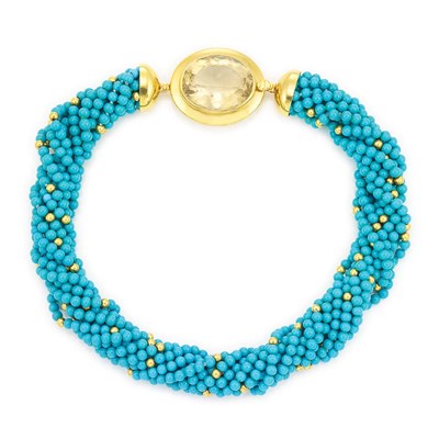 Lot 589 - Ten Strand Simulated Turquoise and Gold Bead Torsade Necklace with Gold and Citrine Clasp