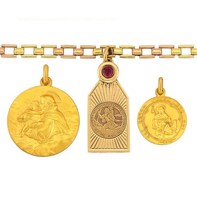 Lot 199 - Retro Rose and Yellow Gold Bracelet with Gold and Ruby Religious Charm and Two Loose Gold Religious Charms