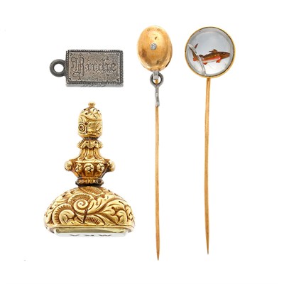 Lot 546 - Antique Gold and Citrine Seal, Gold Reverse Crystal Intaglio Stickpin, Gold and Diamond Stickpin and Silver Memorial Pendant