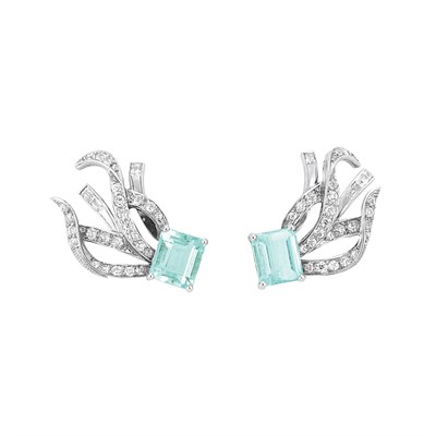 Lot 169 - Pair of Platinum, Aquamarine and Diamond Earclips