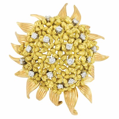 Lot 464 - Two-Color Gold, Platinum and Diamond Flower Clip-Brooch, Tiffany & Co.