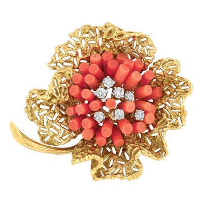 Lot 334 - Gold, Coral and Diamond Flower Clip-Brooch, Van Cleef & Arpels