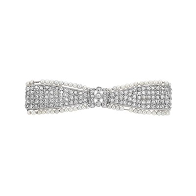 Lot 244 - Edwardian Platinum, Seed Pearl and Diamond Bow Pin