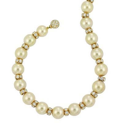 Lot 472 - Light Golden Cultured Pearl, Gold and Diamond Necklace