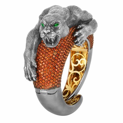 Lot 353 - Gold, Blackened Silver and Orange Sapphire Panther Cuff Bangle Bracelet, Sabbadini