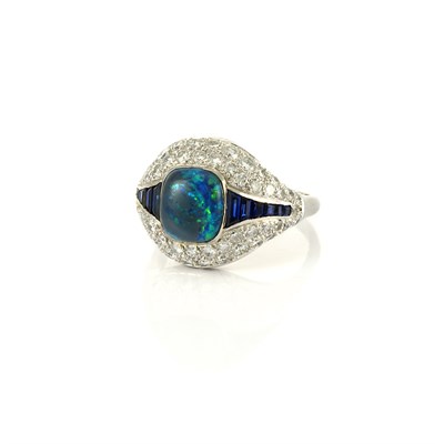 Lot 610 - White Gold, Black Opal, Diamond and Sapphire Ring