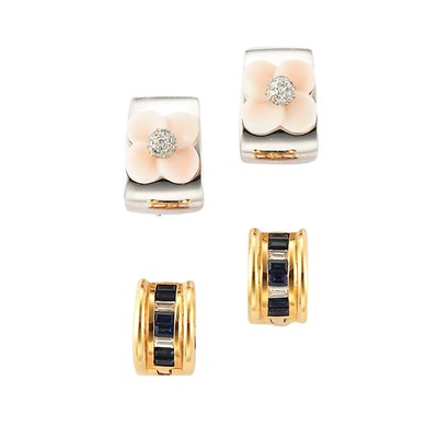 Lot 578 - Pair of Gold, Sapphire and Diamond Hoop Earrings and Pair of White Gold, Coral and Diamond Earclips