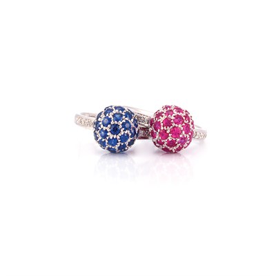 Lot 635 - Pair of White Gold, Ruby, Sapphire and Diamond Ball Rings