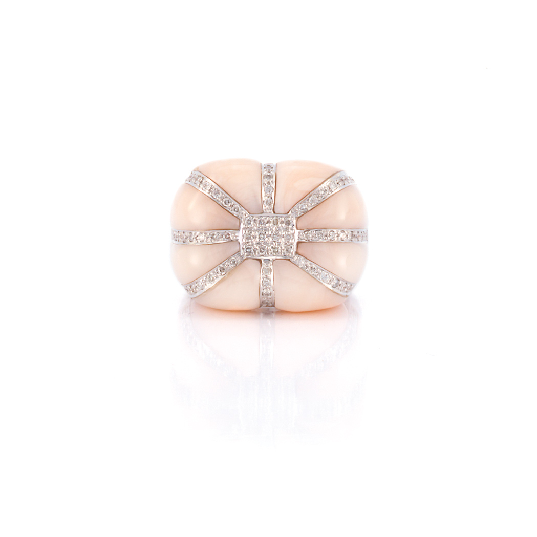 Lot 398 - White Gold, Angel Skin Coral and Diamond Ring