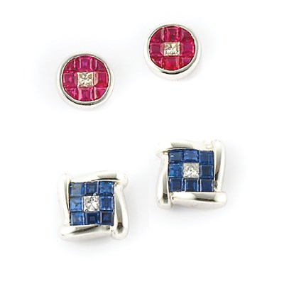 Lot 634 - Two Pairs of White Gold, Gem-Set and Diamond Earrings