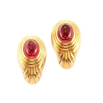Lot 581 - Pair of Gold and Cabochon Pink Tourmaline Earclips, Boucheron