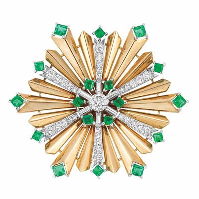 Lot 423 - Gold, Platinum, Diamond and Emerald Brooch