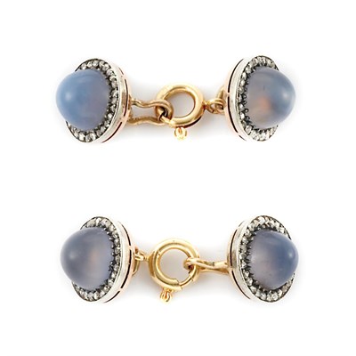 Lot 651 - Pair of Gold, Platinum, Blue Chalcedony and Diamond Cufflinks